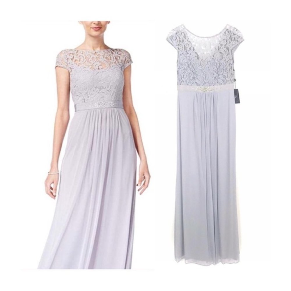 ADRIANNA PAPELL NWT Stretch Tulle Silver Dress Gorgeous & Flowing!🩶🩶🩶